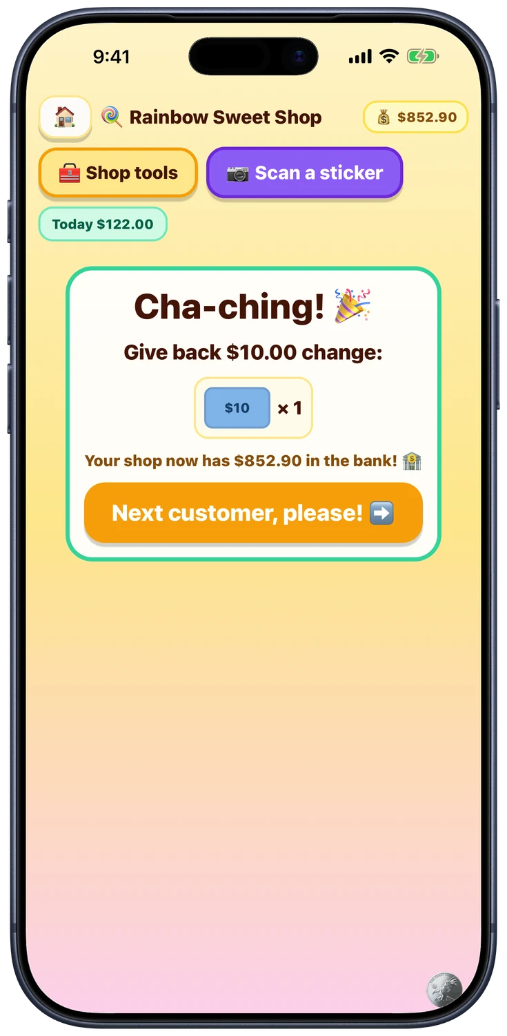 Cha-ching! - Count the change back coin by coin, then confetti. The takings land in the bank and the next customer steps up.