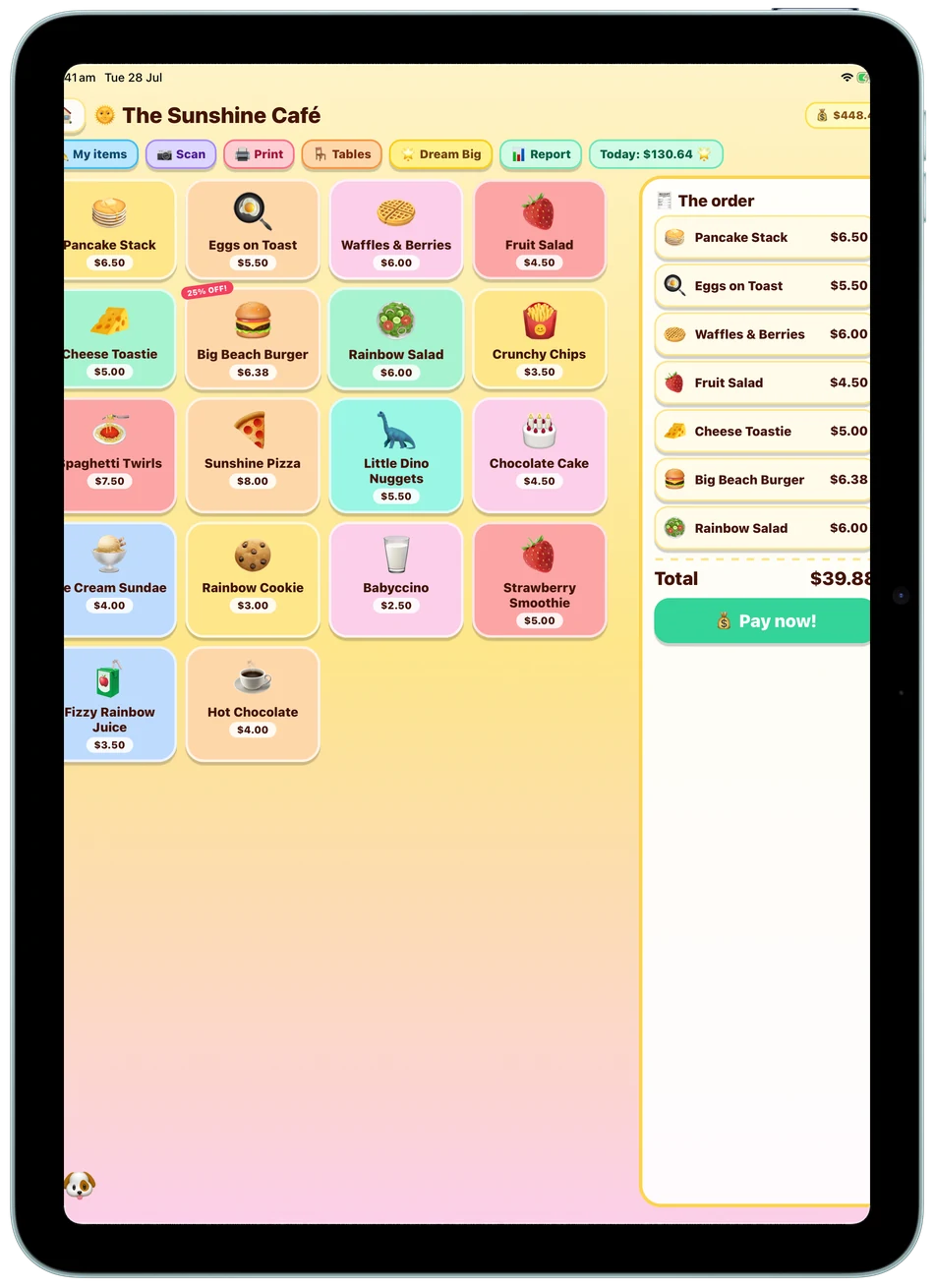 The register on an iPad Air: the cafe's full shelves and the pay button, side by side