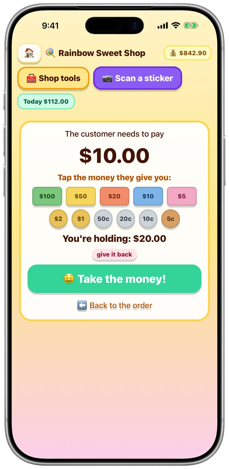 The paying screen: tap the notes and coins the customer gives you, then take the money