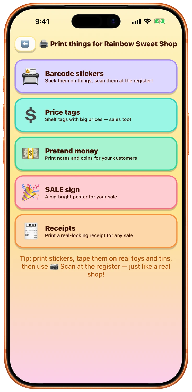 The print screen: barcode stickers, price tags, pretend money, SALE signs and receipts