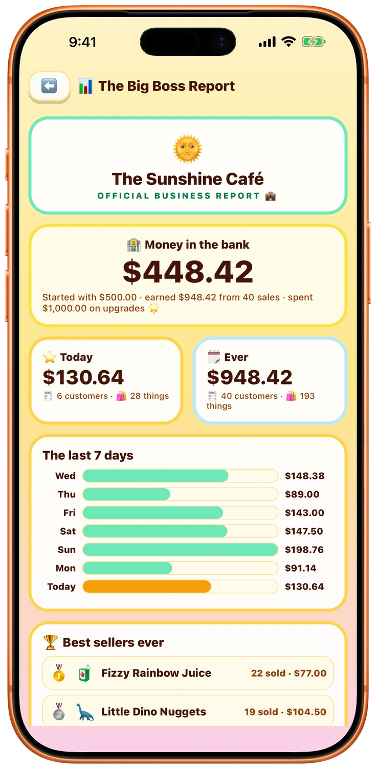 The day’s report - A proper little sales report: what sold, what it made, and a bar chart a six year old can read at a glance.